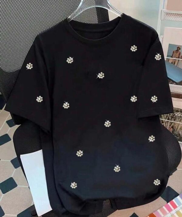 Shein round neck pearl beaded Tshirt in black 16 - Image 2