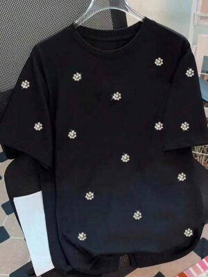 Shein round neck pearl beaded Tshirt in black 16