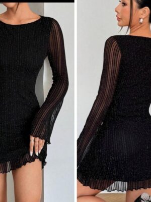 Shein long sleeve glitter mesh mini dress in black 12/14