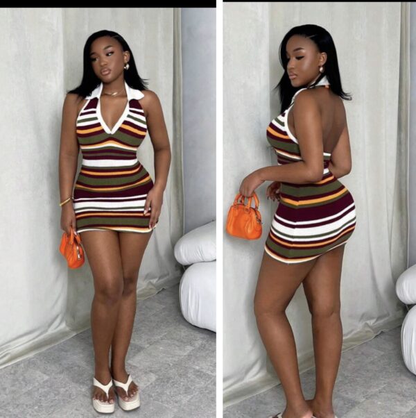 Shein halter collar backless multi color stripe mini dress 10
