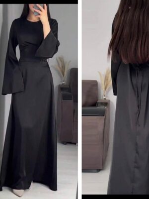 Shein classy elegant modest long sleeve tie back dress in black 16