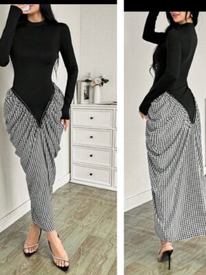 Shein long sleeve shapey houndstooth dress in black 12/14