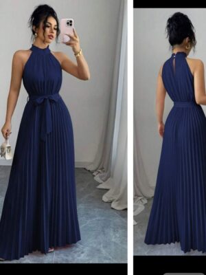 Shein Maxi halter pleated dress in navy blue