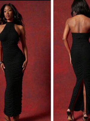 Shein halter mesh ruched chiffon dress in black
12/14