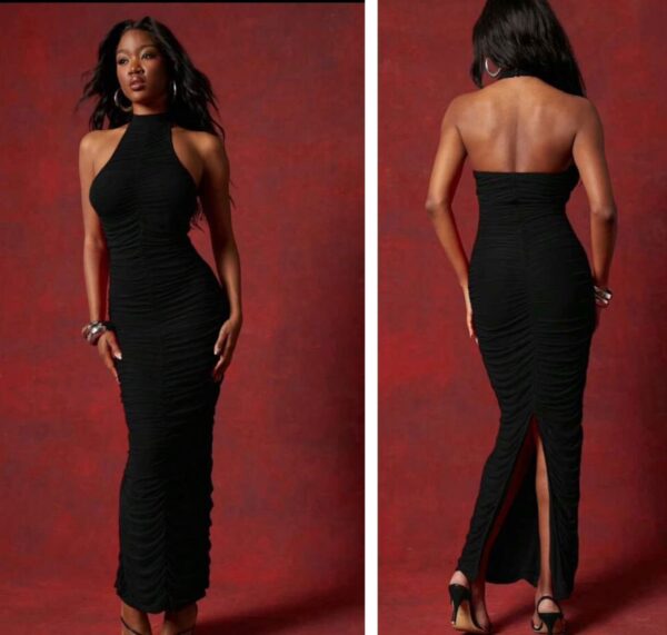 Shein halter mesh ruched chiffon dress in black
12/14