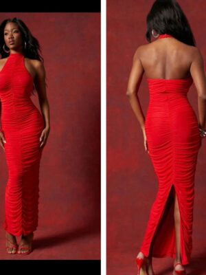 Shein halter mesh ruched chiffon dress in red 12/14