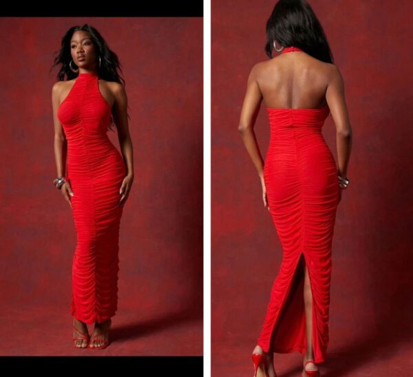 Shein halter mesh ruched chiffon dress in red 12/14