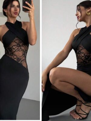 Shein cross neck sexy party Lacey insert dress in black 12/14