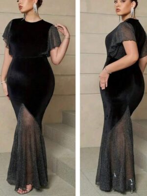 Shein party round neck velvet  mesh glitter  dress in black 18