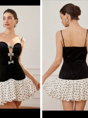 Shein cami puff polka dot bow tie dress in black 12/14