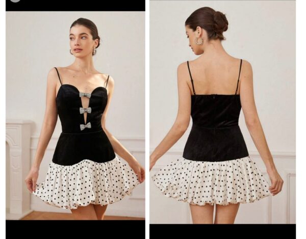 Shein cami puff polka dot bow tie dress in black 12/14