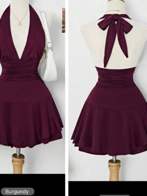 Shein halter neck short mini dress in dark burgundy 10