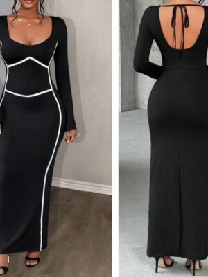 Shein long sleeve white line design dress with tie back in black 12/14