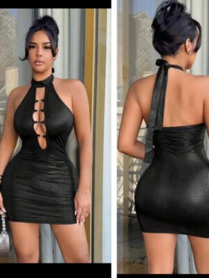 Shein halter backless open front leather mini dress in black