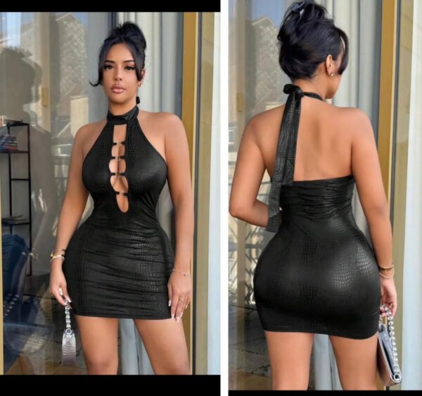Shein halter backless open front leather mini dress in black