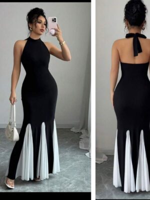 Shein halter backless tie neck dress  with white black hem ruffles 12/14