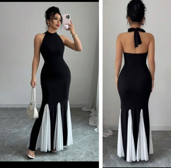 Shein halter backless tie neck dress  with white black hem ruffles 12/14