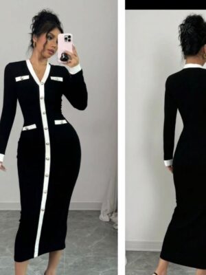 SHEIN long sleeve fitted dress with buttons in black/ white 16