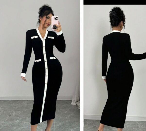 SHEIN long sleeve fitted dress with buttons in black/ white 16
