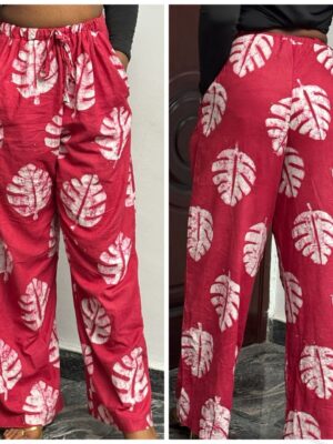Adire pant trouser with leaf design in burgundy 10/12