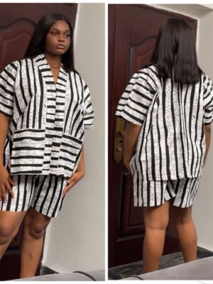 Ankara double pocket design in white stripe  in two piece short set