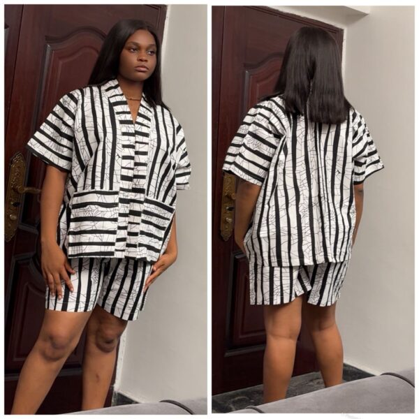Ankara double pocket design in white stripe  in two piece short set