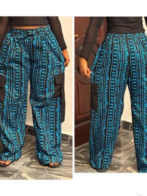 Ankara cargo pant in black & blue 12/14