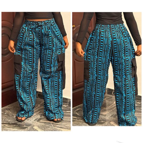 Ankara cargo pant in black & blue 12/14