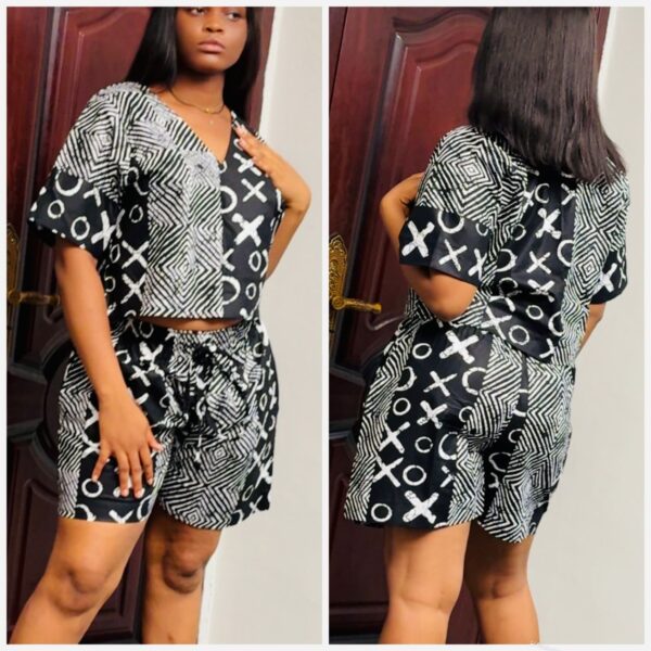 Ankara two piece short set design in X o black & white - Image 2