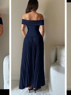 Shein off shoulder classy pleated dress in navy blue dress  12/14