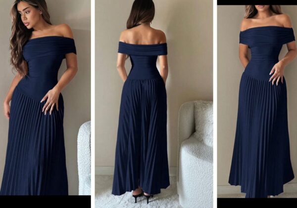 Shein off shoulder classy pleated dress in navy blue dress  12/14