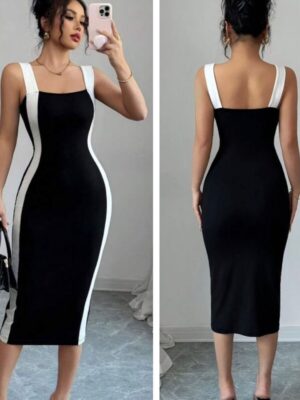 Shein cami black & white bodycon fitted dress in black 12/14