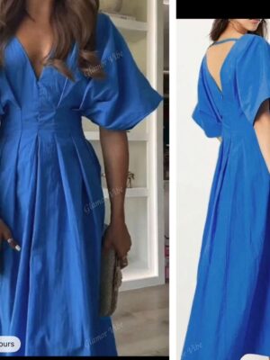 SHEIN v neck & v back  puff sleeve dress in biro blue 16
