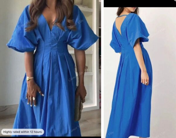 SHEIN v neck & v back  puff sleeve dress in biro blue 16