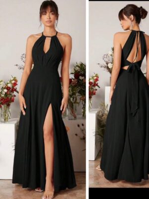Shein halter high slit tie back dress in black 12/14
