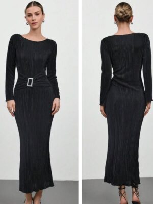 Shein pleated  silver metal buckle dress in black 12/14