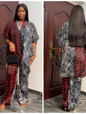 Barbz and co rtw silk & chiffon two piece pant set in red  leaf pattern 12/14