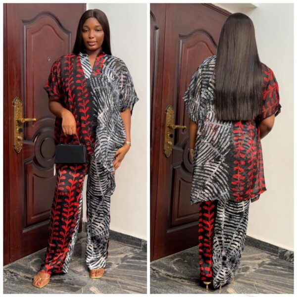 Barbz and co rtw silk & chiffon two piece pant set in red  leaf pattern 12/14