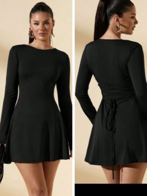 Shein tie back long sleeve classy mini dress in black 12/14
