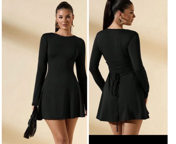 Shein tie back long sleeve classy mini dress in black 12/14