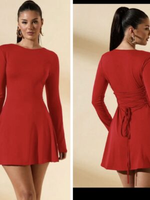 Shein tie back long sleeve classy mini dress in red 12/14