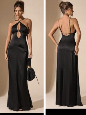 Shein max dinner solid halter open front backless dress in black 12/14