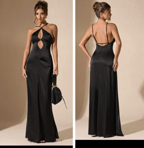 Shein max dinner solid halter open front backless dress in black 12/14