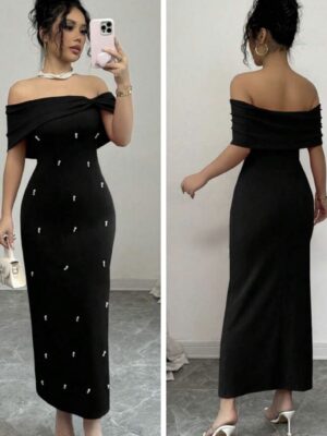 Shein off shoulder pearl all black dress in black and white 12/14