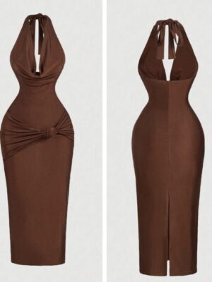 Shein halter cowl neck  tie front midi dress in brown 12/14