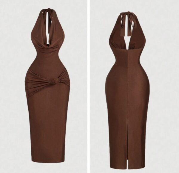 Shein halter cowl neck  tie front midi dress in brown 12/14
