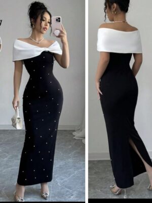 Shein off shoulder pearl Dress in white & black 16