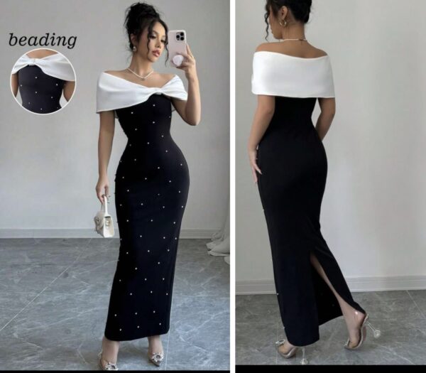 Shein off shoulder pearl Dress in white & black 16
