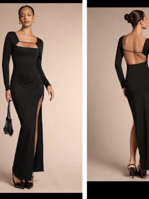 Shein maxi long sleeve high side slit cut out front and back dress in black 12/14