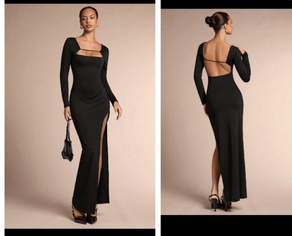 Shein maxi long sleeve high side slit cut out front and back dress in black 12/14
